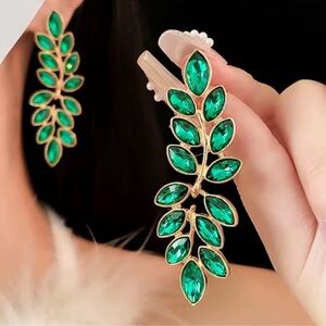 Green Crystal Leaf Gold Earrings